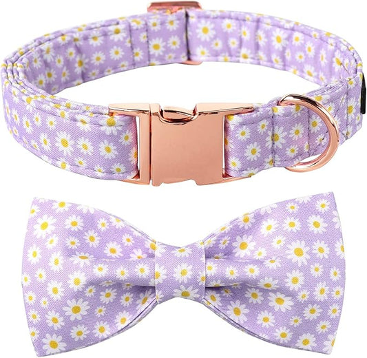Lionet Paws Spring Dog Collar with Bowtie, Soft Comfortable Adjustable Cute Daisy Bowtie Collar for X-Large Dogs Female Gift, Neck 16-26 inches