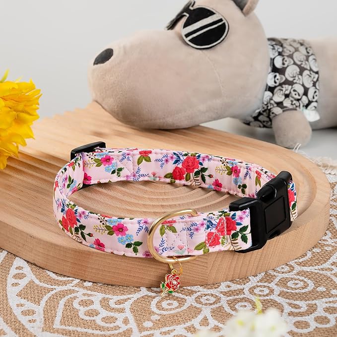 Cute Rose Dog Collar for Small Medium Large Dogs Special Design Cute Pink Rose Dog Collar for Girl Female Dogs Soft Adjustable Rose Puppy Collars for Girl Female Dogs S