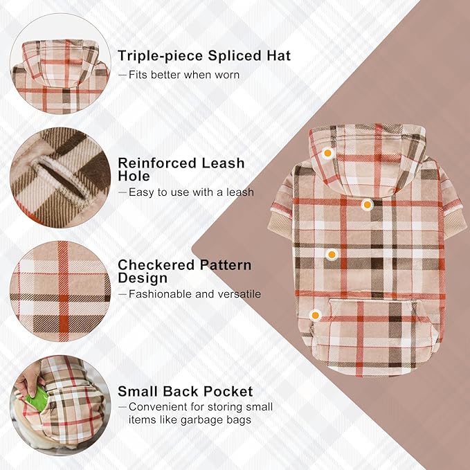 BEAUTYZOO Plaid Dog Hoodie for Small Medium Large Dogs, British Style Soft and Warm Dog Sweater with Leash Hole, Hooded Cold Weather Clothes, Dog Sweatshirt, Outfits, Winter Coat for Puppy Girls Boys