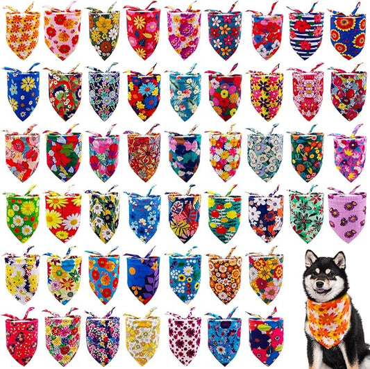 100PCS Dog Bandanas Floral Spring Flowers Bulk for Small Medium Dog Pink Purple Bule Kerchief Triangle Bibs Head Scarves for Boys Girls Grooming Accessories Costume