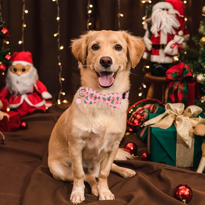 ADOGGYGO Christmas Dog Collar with Detachable Bowtie, Adjustable Pink Pet Christmas Collars for Small Medium Large Dogs (Large)