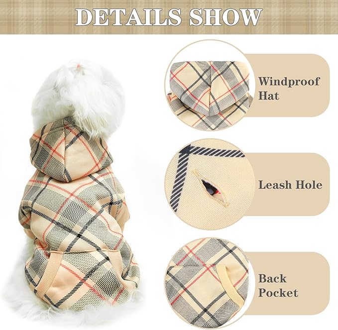 EXPAWLORER Plaid Dog Hoodie - British Style Warm Dog Sweater Shirt with Leash Hole,Pitbull Clothes Outfits,Winter Coat Apparel for All Breeds Puppy Girl Boy-Cat Apparel