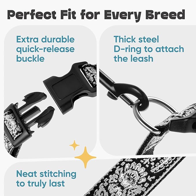 Dog Collar for Medium & Large - Black Silver Woven Pattern on Long Lasting, Adjustable, Strong and Durable Collars for Dogs - Choose from Stunning Patterns and Colors