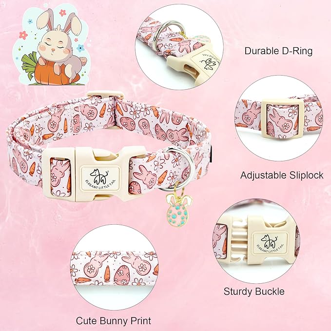 Elegant little tail Easter Dog Collar,Bunny Pattern Pet Collar Pink Durable Holiday Female or Male Adjustable Cotton Pet Collar with Quick Release Buckle for X-Small Puppy
