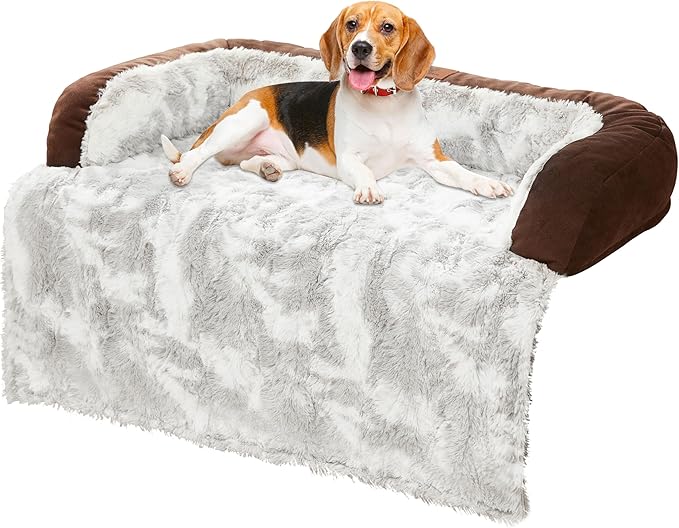 Calming Dog Couch Bed Mat, 35x31 Inch Waterproof Fluffy Sofa Cover, Furniture Protector with Handle, Removable and Washable Pet Bed for Small Medium Dogs and Cats (Brown)