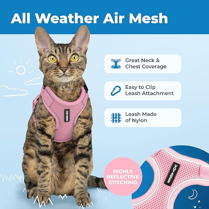 Voyager Escape Proof Cat Harness and Leash Set with Reflective Stitching, Neoprene Handle 5ft - Supports Small, Medium and Large Cats, Kittens for Walking by Best Pet Supplies - Pink, XXXS