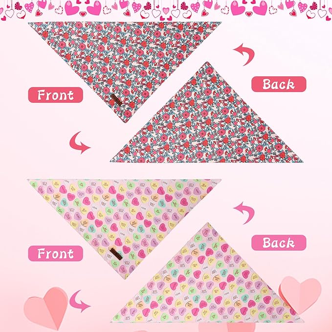 Lionet Paws Valentine's 2pcs Dog Bandanas, Red Floral Dog Scarf Bib Premium Fabric, Happy Valentine Heart Bandanas for Small Medium Dogs Pets
