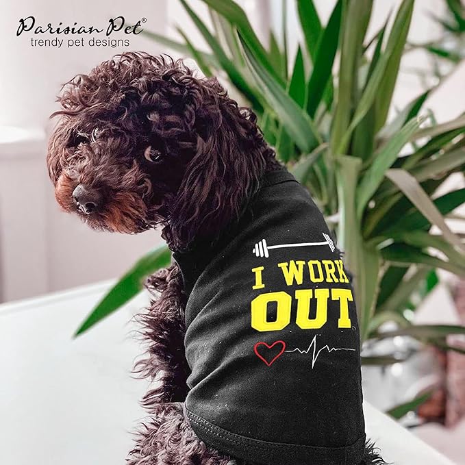 Parisian Pet Dog Tshirt - Embroidered “ I Work Out “ Dogs Apparel - 100% Cotton and Lightweight Dog Clothes - Sleeveless Black Doggy Tee Shirts - Machine Washable Shirt for Large Dogs - Pet Vest - L