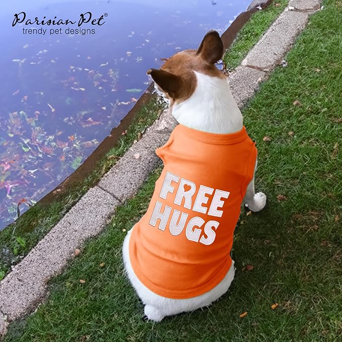 Parisian Pet Dog T-Shirt - Embroidered ' Free Hugs ' Dogs Apparel - 100% Cotton, Dog Clothes - Sleeveless Doggy Tank Top - Machine Washable Shirts for Large Dogs L