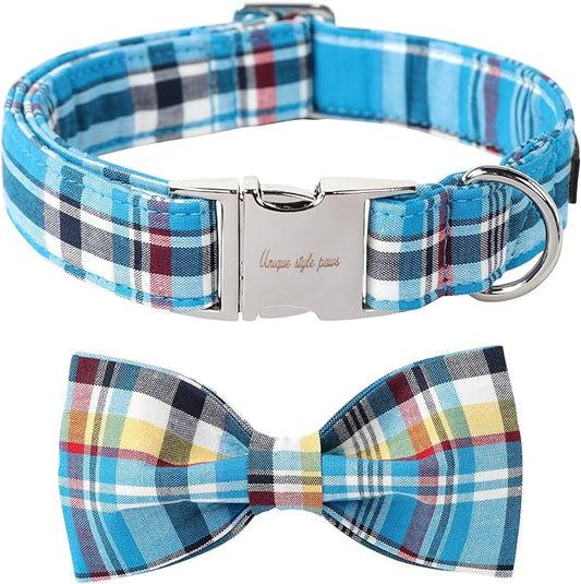 Unique style paws Plaid Dog Collar with Bow Pet Gift Adjustable Soft and Comfy Bowtie Collars for Small Medium Large Dogs