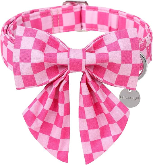 Pink Plaid Bowtie Dog Collar, Summer Bowtie Collar for Puppy Boy Girl Dog, Comfortable Cotton Dog Collar with Metal Buckle, L, Neck 16-24in