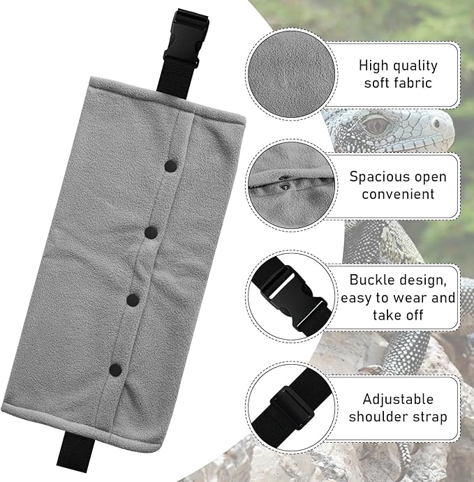 Bearded Dragon Carrier and Leather Leash, Adjustable Harness and Reptile Small Pet Coral Fleece Backpack for Outdoor Travel Walking Rest -Black