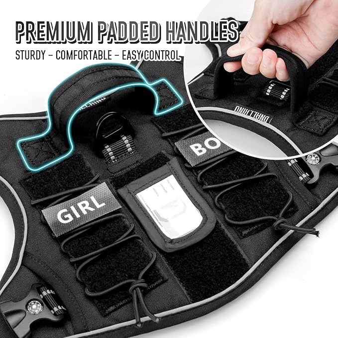 Tactical Dog Harness for Medium Large Dogs, Black Dog Harness with ID Card, Reflective Hiking Harness for Training Easy Control Dog Vest with Handle Black