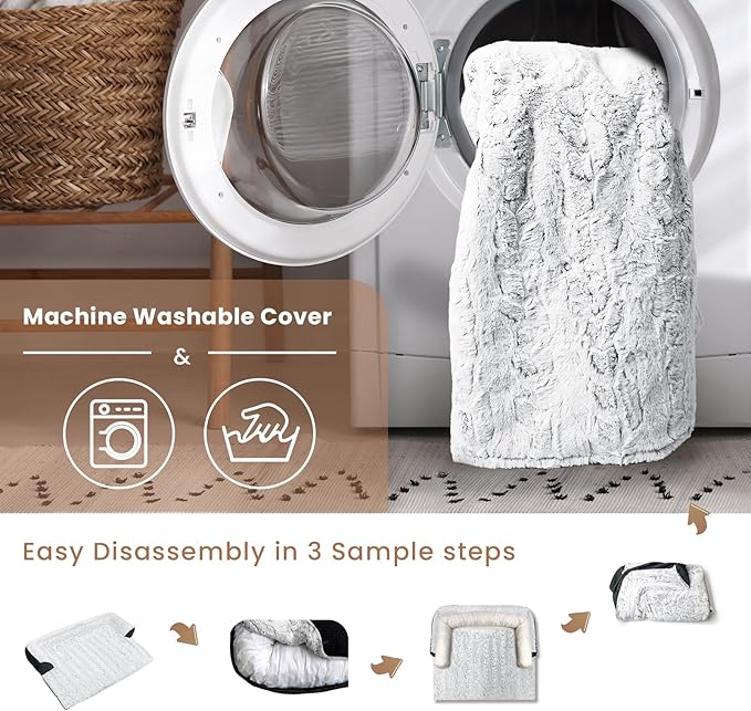 Calming Extra Large Dog Couch Bed, 45 x 37 inch Waterproof Memory Foam Dog Bed for Couch, Durable Fluffy Fuzzy Dog Bed Mats with Washable Removable Cover Protector for Sofa, Bedside - Grey