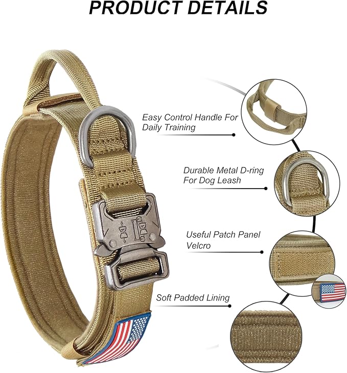 Hotsky Tactical Dog Collar, Adjustable Military Training Nylon Airtag Collar with Handle and Heavy Duty Metal Buckle for Medium Large Dogs, with Airtag Holder and Two Patches（Brown,M）