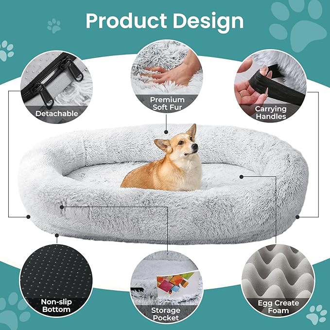 JOLLYVOGUE Human Dog Bed for Adults and Pets, Ultra-Soft Plush Giant Dog Bed with Egg Crate Foam, Non-Slip Base, and Machine Washable Cover - Ideal for Relaxation and Napping, Light Grey