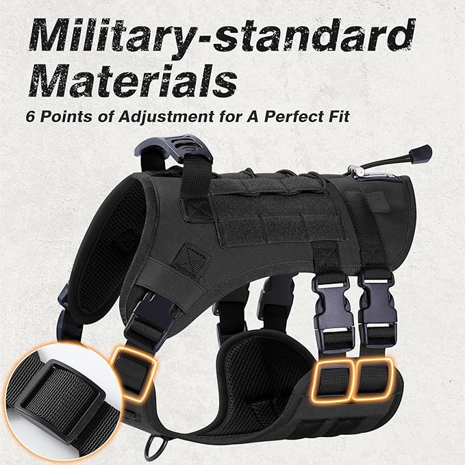 No Pull Tactical Dog Harness for Large Dogs, Escape Proof Molle Dog Vest Harness and Leash Set, Adjustable Military Service Dog Harness with Handle for Medium Large Dogs(Black, L)