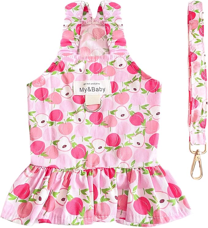 Small Dog Dress Harness and Leash Set - Cute Princess Dog Dresses, Soft Fruit Print, Pink Apple, XL