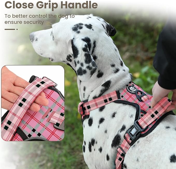FURRYFECTION Plaid Dog Harness for Medium Dogs | No Pull Reflective Pet Harness | No Choke Adjustable Dog Vest Harnesses | with Leash | Easy Control Handle | Front Lead | Seat Belt | Pink&Black| M