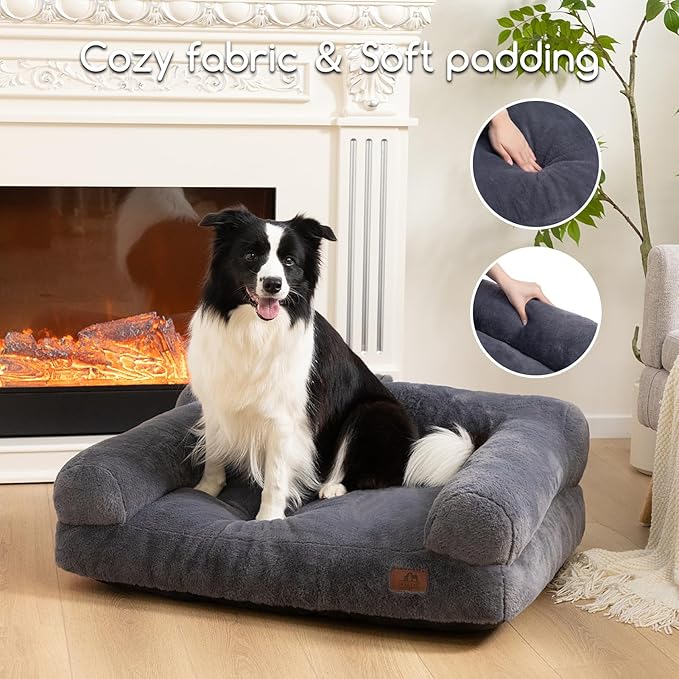 Hollypet Fluffy Plush Pet Sofa Soft Calming Pet Sofa Beds for Medium and Large Dogs, L, Gray