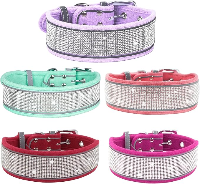 Bling Diamond Dog Collar for Females Girls,Soft Velvet Leather with Fancy Sparkly Crystal Rhinestones,Reflective Stripe,Suit Medium Large Dogs (Green, M)