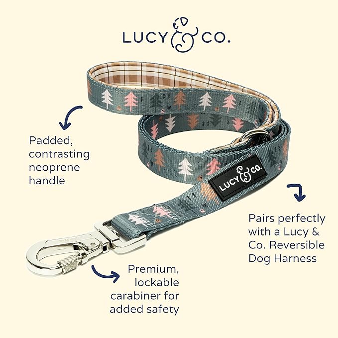 Lucy & Co. Designer Dog Leash - Pet Accessories - Thick Dog Leash - Padded Handle for Comfort - Purple with Green Floral - 5 Foot (Neutral Brown Plaid Blue Trees, Small)