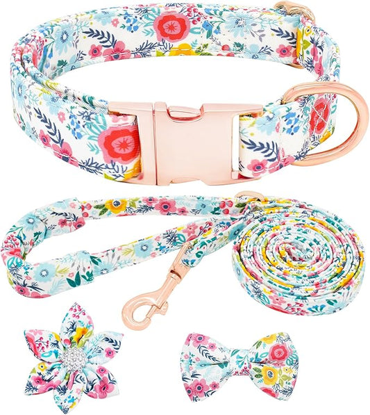 Dog Collar and Leash Set Girls Adjustable Puppy Collars with Floral Bow Tie for Small Medium Large Female Dogs, Teal Flower, M