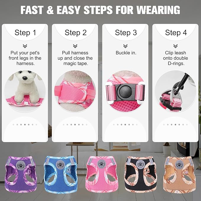 BEAUTYZOO Dog Harness and Leash Set for Small Medium Dogs,No Pull Step-in Harness for Puppy S M Sized Dogs and Cats,Air Mesh Adjustable Breathable Soft No Chock Escape Proof Vest Harnesses,Pink XL