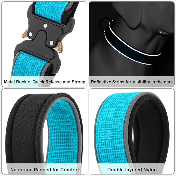 Plutus Pet Tactical Dog Collar, Reflective, Adjustable Heavy Duty Dog Collar, Soft Padded and Comfortable, for Small Medium and Large Dogs (Cyan, XS)