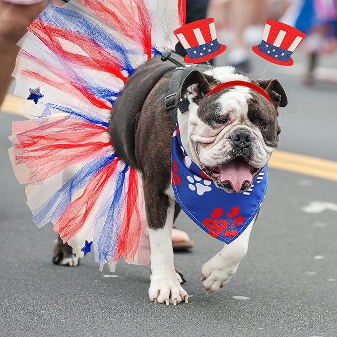Silkfly 6 Pieces 4th of July Dog Costume Accessories Includes 4th of July Dog Bandanas Puppy Tulle Tutu and Dog Patriotic Headbands for Dogs Independence Day Fourth 4th of July Apparel Accessories