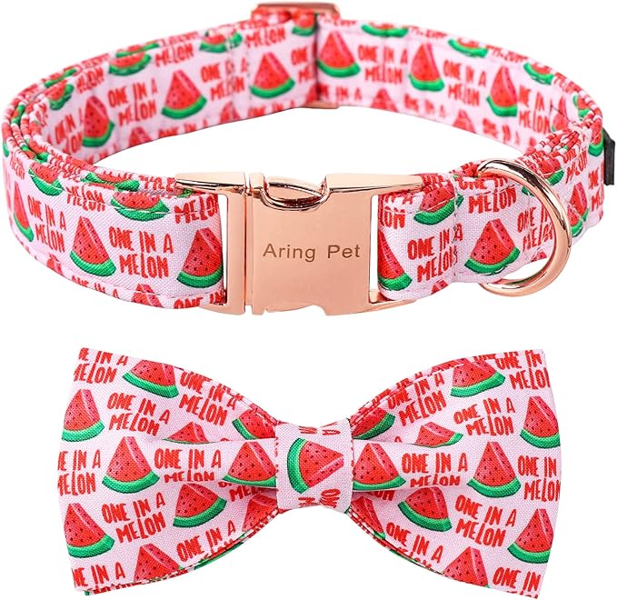 ARING PET Summer Pink Watermelon Dog Collar with Bow, Adjustable Cotton Bowtie Collar with Metal Buckle