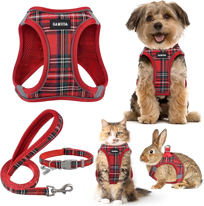 GAMUDA Small Dog Harness Collar and Leash Set, Step in No Chock No Pull Soft Mesh Adjustable Dog Vest Harnesses Plaid Reflective for Dogs Puppy Cats Kitten Rabbit (Red, XXXS)