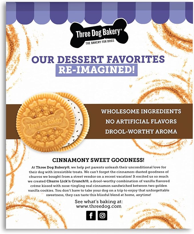 Three Dog Bakery Churro Lick'n Crunch Vanilla & Cinnamon Crunchy Dog Treats, 13-oz Box