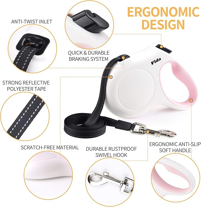 Fida Retractable Dog Leash X-Small Breed, 10 ft Durable Pet Walking Leash for Extra Small Dogs/Cats/Small Animals up to 18 lbs, 360° Tangle Free, White