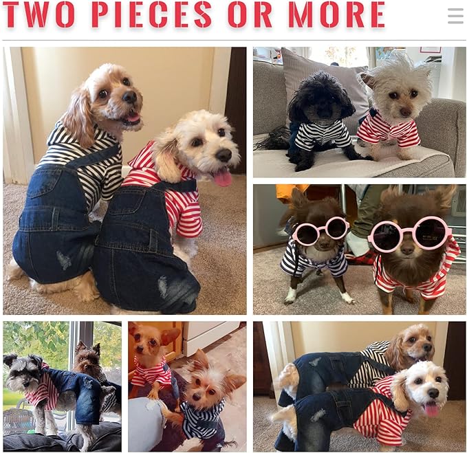 Small Dog Hoodie Clothes Cute Stripe Shirts Denim Jumpsuit One-Piece Outfit for Small Medium Dogs Cats Boy Girl Chihuahua Blue Jeans Overalls Puppy Costume (Red,L)