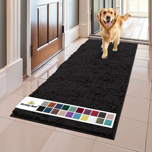 Muddy Mat® Shown on TV – Super Absorbent Microfiber Dog Door Mat for Muddy Paws, Non-Slip Washable Pet Rug, Quick Dry Chenille Entryway Carpet, Machine Washable Indoor Outdoor mat, Black 59"x24"