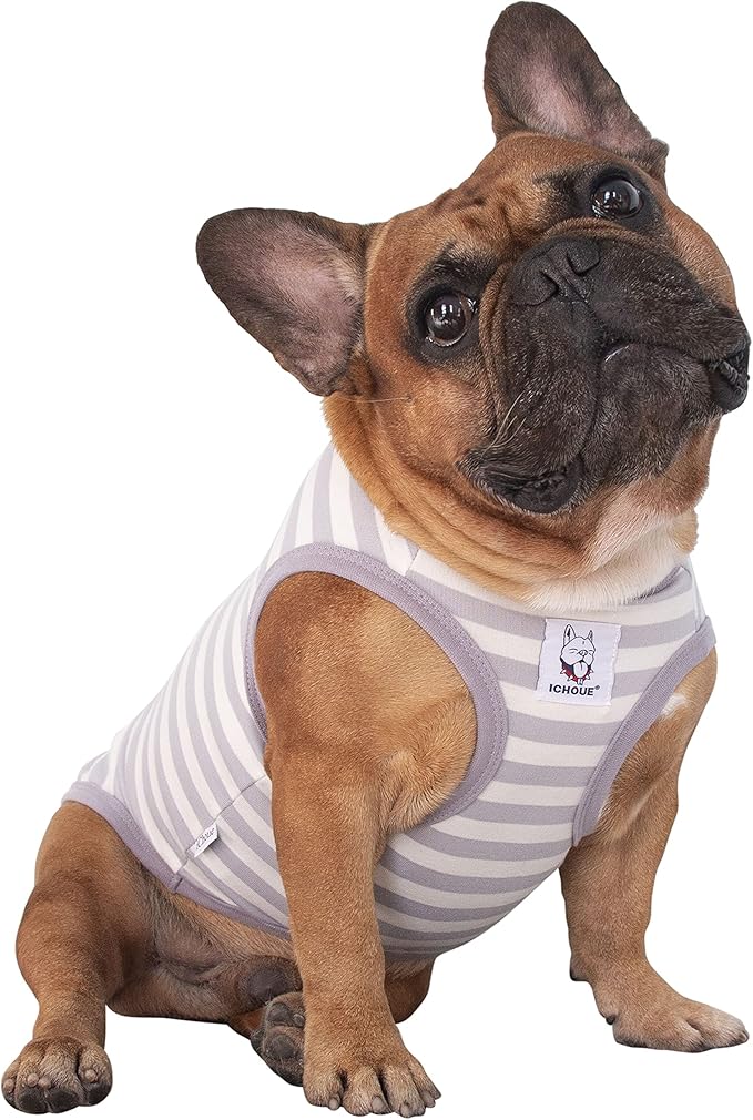 iChoue Pug 100% Breathable Cotton Striped T Shirts Halloween Vest Clothes for Medium Dogs Tank Tops Puppy French Bulldog Frenchie English Boston Terrier Pitbull Grey White Stripes - Small
