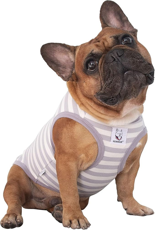 iChoue Pug 100% Breathable Cotton Striped T Shirts Halloween Vest Clothes for Medium Dogs Tank Tops Puppy French Bulldog Frenchie English Boston Terrier Pitbull Grey White Stripes - Small
