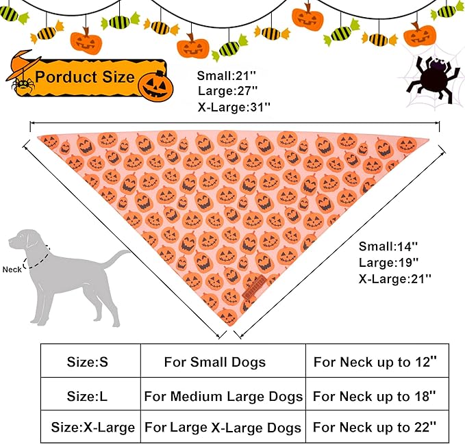 ADOGGYGO Halloween Dog Bandana, Pumpkin Ghost Pet Scarf, Premium Durable Fabric, Adjustable Fit Halloween Bandanas for X-Large Dogs Pets (X-Large)