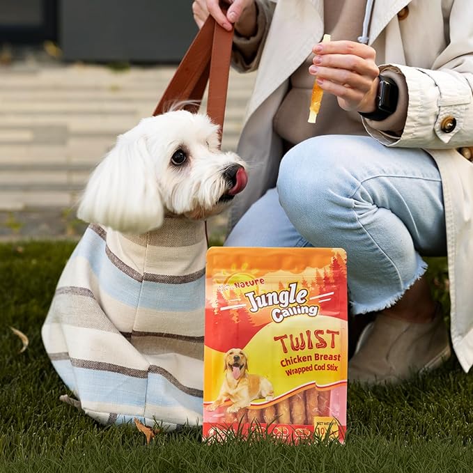 Jungle Calling Rawhide Free Treats for Dogs, Chicken Wrapped Cod Sticks Dog Treats, Soft Chewy Treats for Training Rewards, 10.6 oz (Chicken)