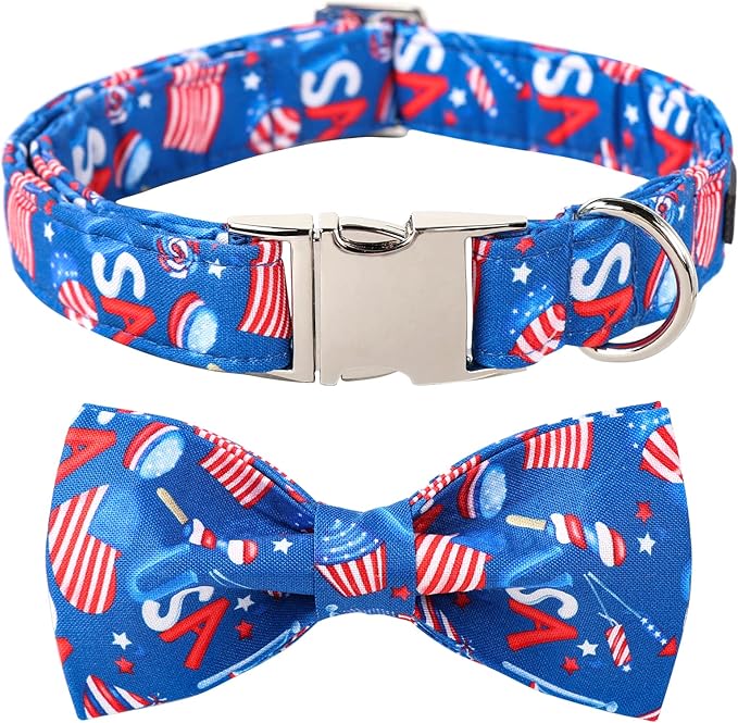 Lionet Paws Patriotic Dog Collar with Bowtie, 4th of July, Soft and Comfortable Adjustable American Flag Bowtie Collar for Large Dogs Male Female Gift, Neck 16-24 inches