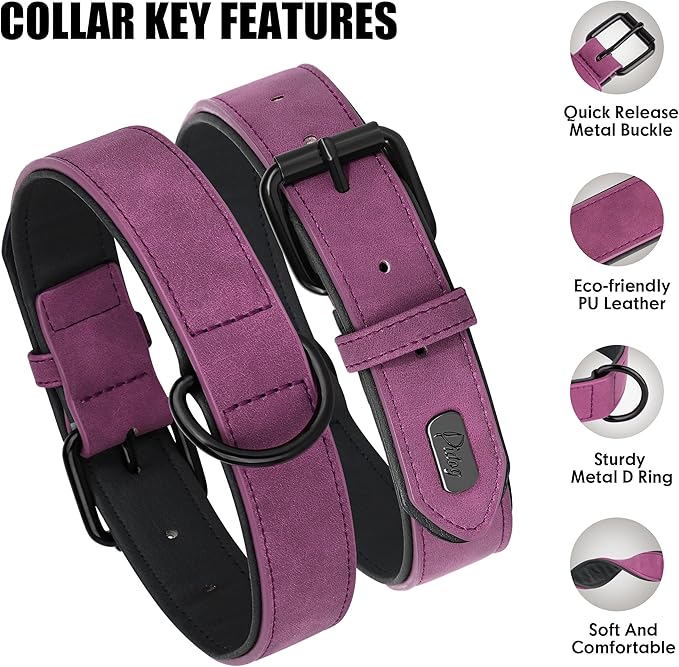 Didog Soft Padded Leather Dog Collar, Breathable Heavy Duty Dog Collar Faux Leather with Adjustable Rust-Proof Metal Buckle for Small Medium Large Dogs, Purple, L Fit Neck 13-17"(22-44 lbs)