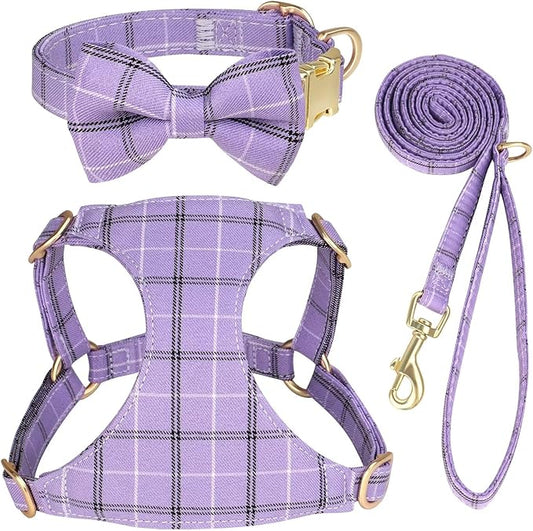 Beirui Cute Small Dog Harness Collar and Leash Set with Bowtie, Soft Adjustable Plaid Puppy Harness for Small Sized Dogs Cats Walks Parties and Photoshoots(Purple,XXS:Chest 12-14")