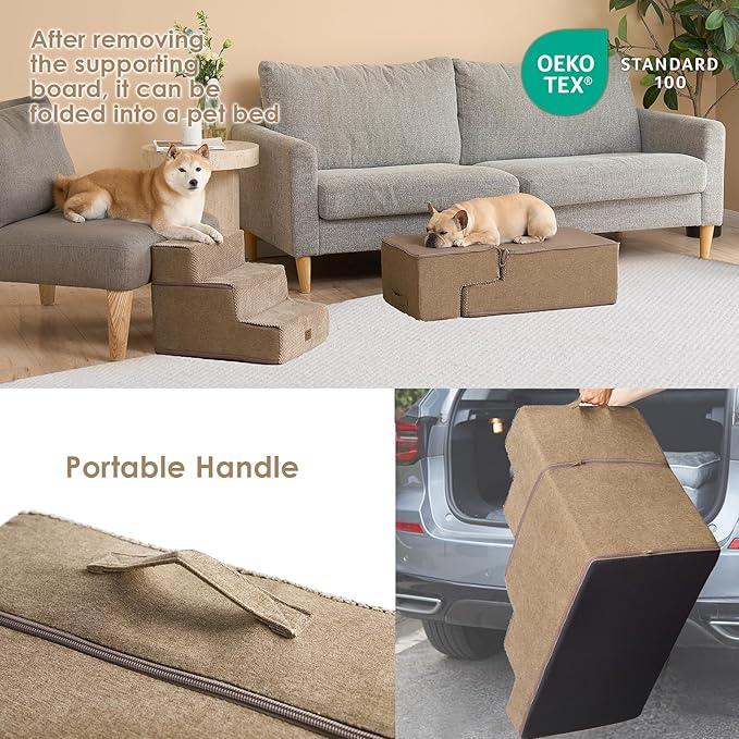 EHEYCIGA Dog Stairs for Bed 18”H, 4-Step Dog Steps for High Bed, Pet Steps for Small Dogs and Cats, Non-Slip Balanced Pet Ramp Indoor, Camel