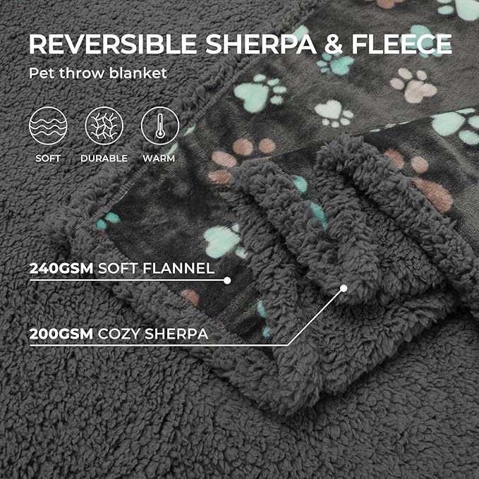 Luciphia Waterproof Pet Blankets for Couch Sofa Bed Cover Liquid Pee Proof Washable Soft Fluffy Large Dog Blanket Reversible Furniture Protection Grey Paw Thicken Medium（57" x 40"）