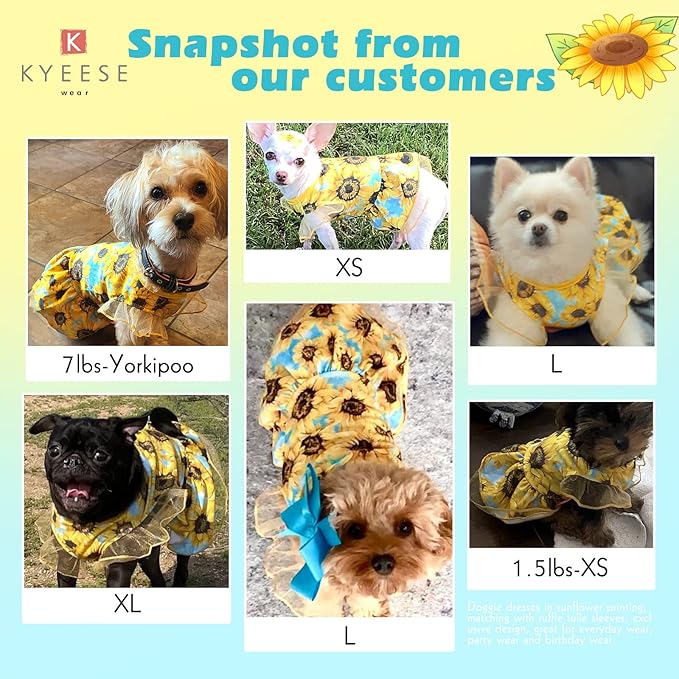 KYEESE Dog Dress Sunflower Dogs Sundress Tulle with Ruffle Sleeves Puppy Dress Dog Clothes