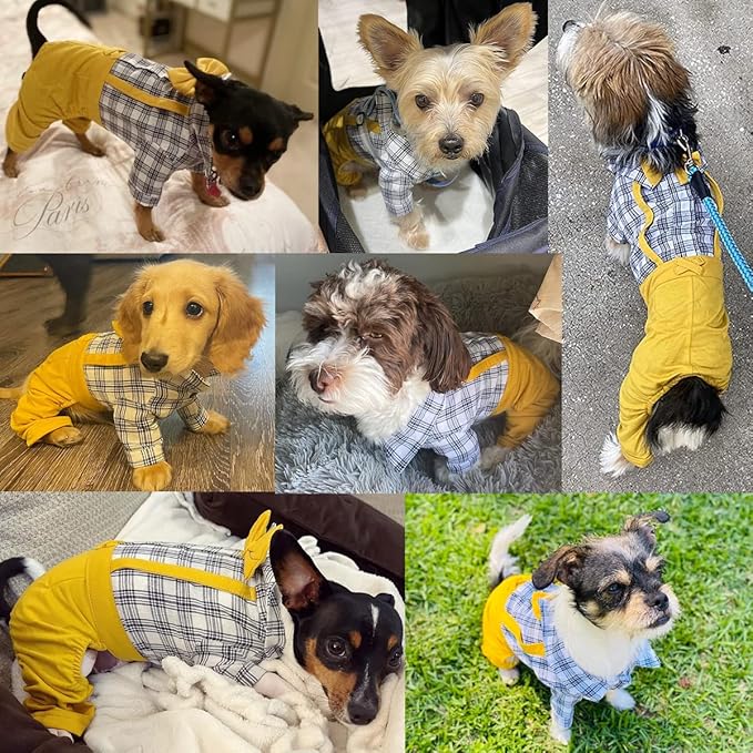 Dog Shirts Clothes Striped Onesies, Pet Plaid Overalls Apparel, Puppy Costumes Classic Black and White Jumpsuit with Bowtie for Small Medium Dogs Cats Boy Girl Wedding/Party (Large, Yellow)