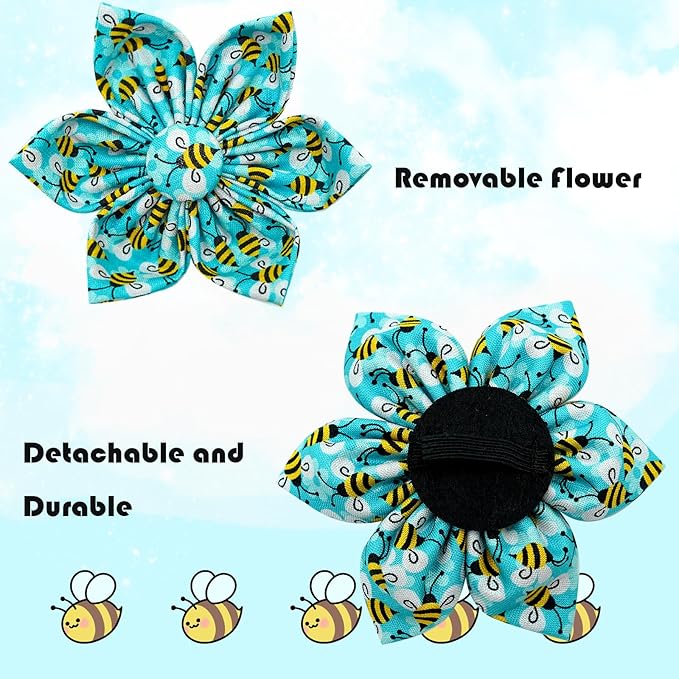 Elegant little tail Dog Collar with Flower, Flower Girl Dog Collar for Female Dogs Blue Bee Pet Collar Gift Adjustable Dog Collars with Flowers for Small Medium Large Dogs