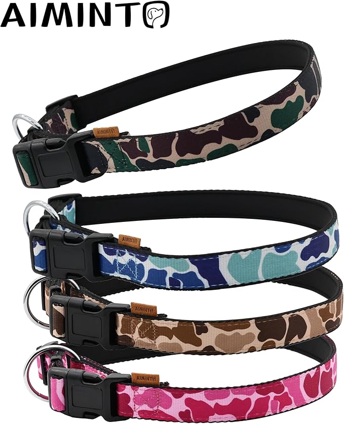 Dog Collar, Cute Floral Pattern, Neoprene Padded and Adjustable Collar with Quick Release Buckle, Reinforced Structure (L (Neck 18-28", Width 1"), Camouflage Brown)