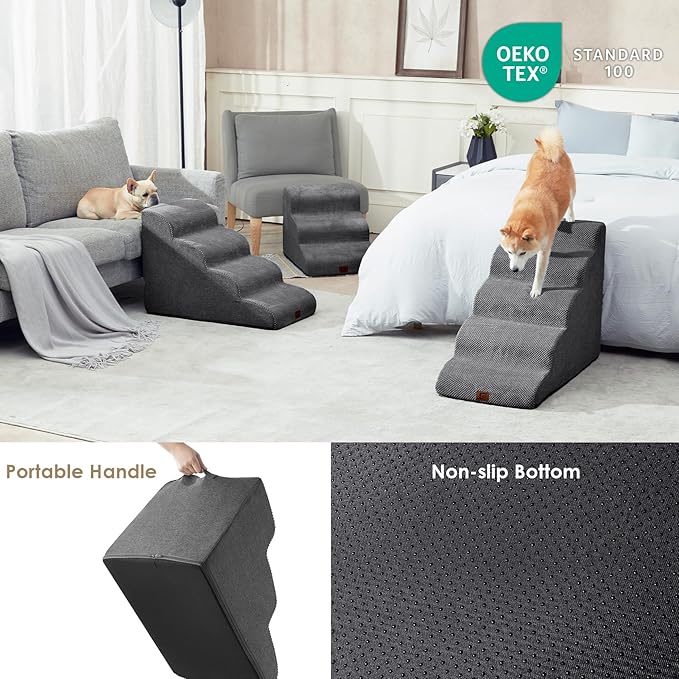 EHEYCIGA Curved Dog Stairs Ramp for High Beds 19.7" H, 4-Step Dog Steps for Small Dogs and Cats, Pet Stairs for High Bed Climbing, Non-Slip Balanced Pet Step Indoor, Grey